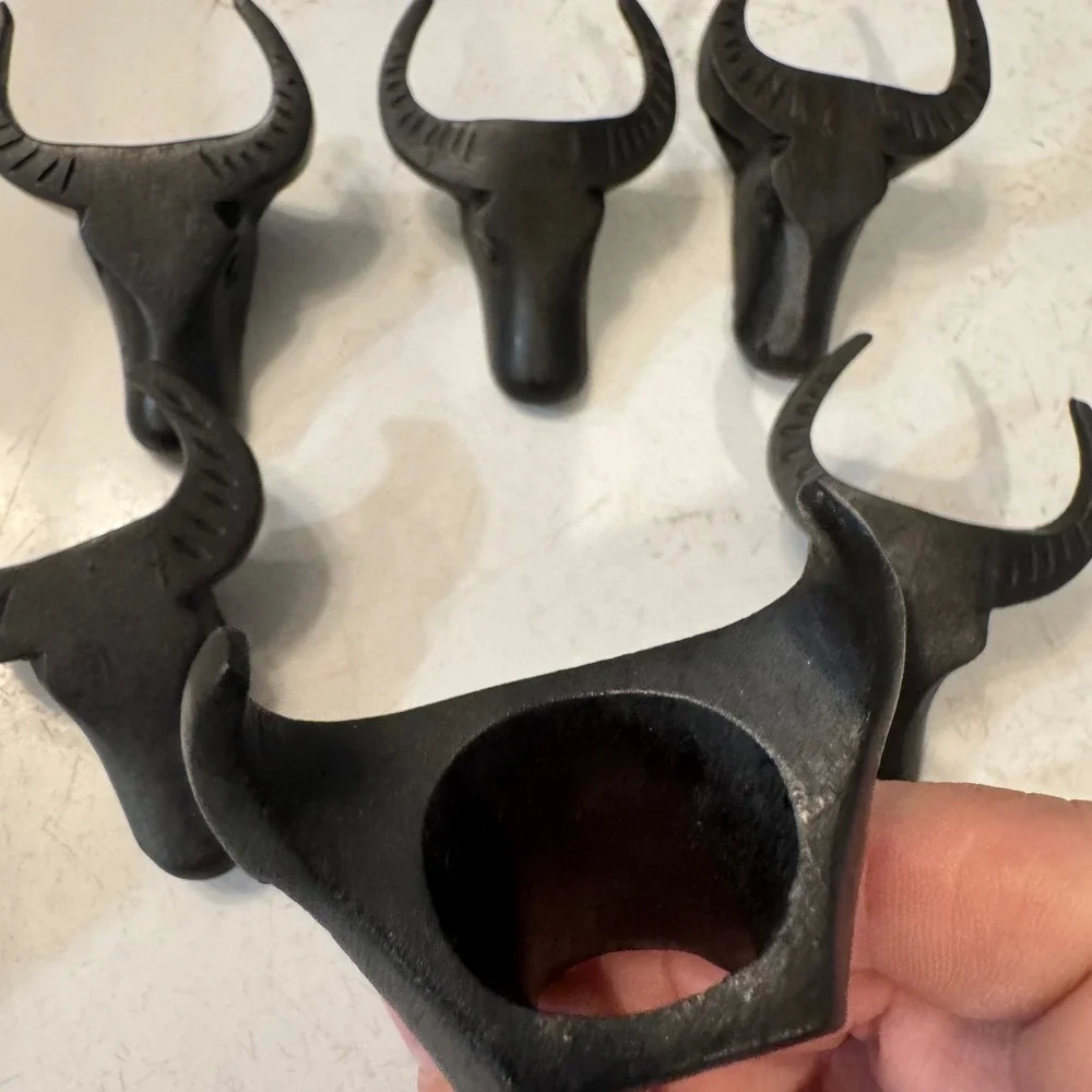 Napkin Rings Set of 6 Dark Brown Wood Hand Carved Bull Head Rustic Southwestern